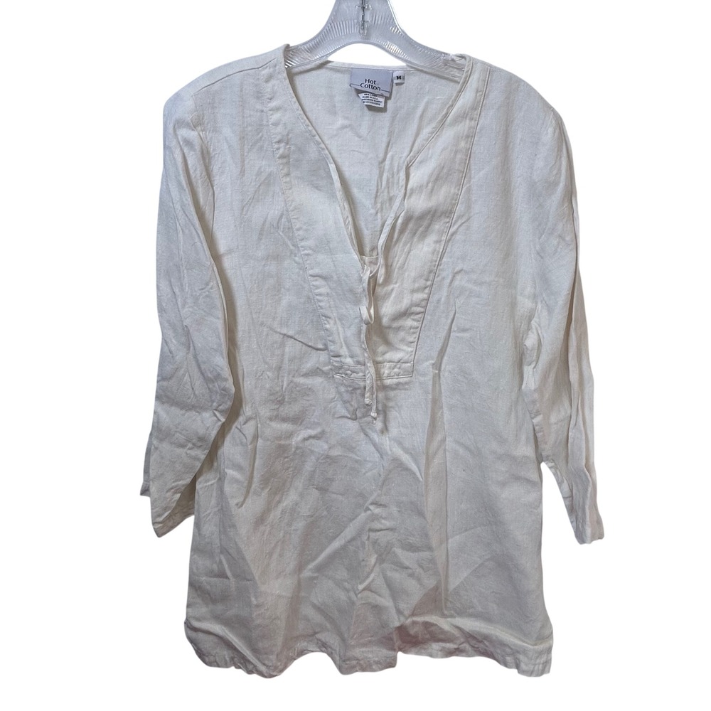 Hot Cotton Womens White 100% Linen Tunic V-Neck Tie Blouse Top Size Medium‎